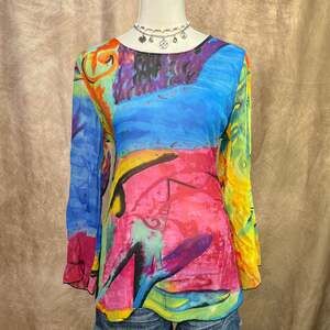 Chiffon Mesh Blouse Multicolor Abstract Floral Long Sleeve Vintage 90s Boho Y2K